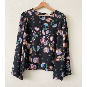 Finn and Grace Black Floral Blouse w/Bell Sleeves
